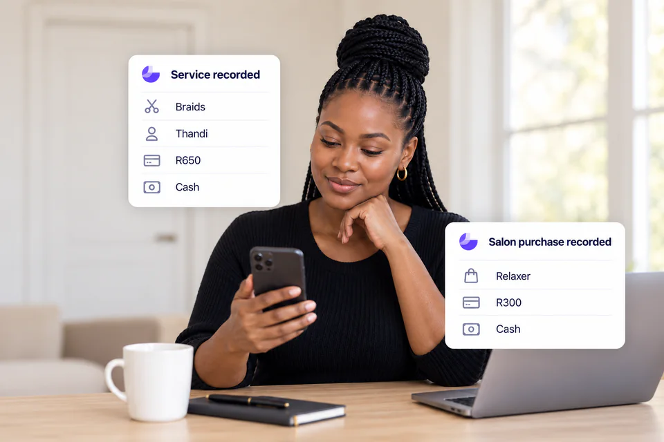 Salon owner checking recorded services and salon purchases in SalonLog on her phone, away from the salon