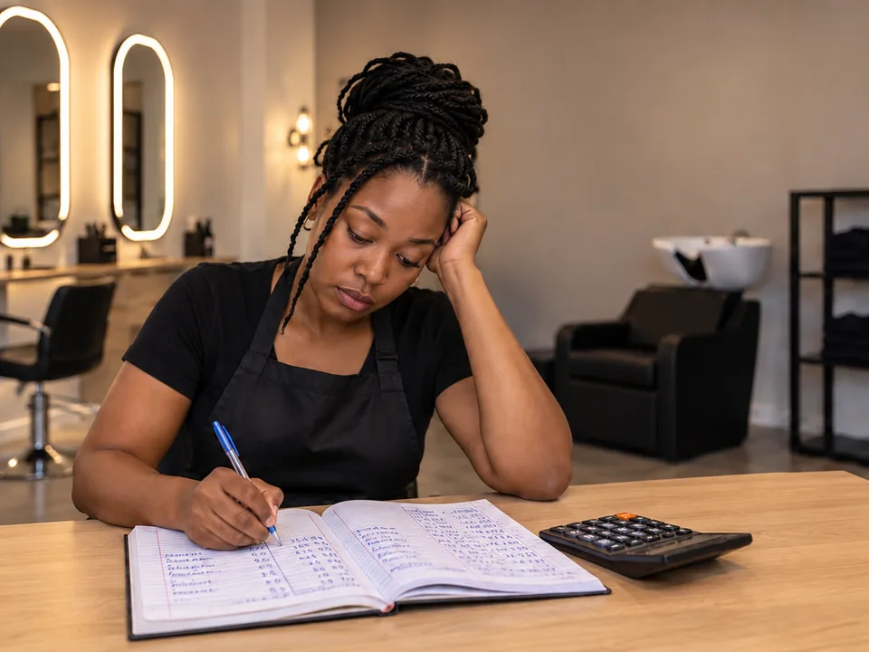 Salon owner calculating monthly records manually from an exercise book